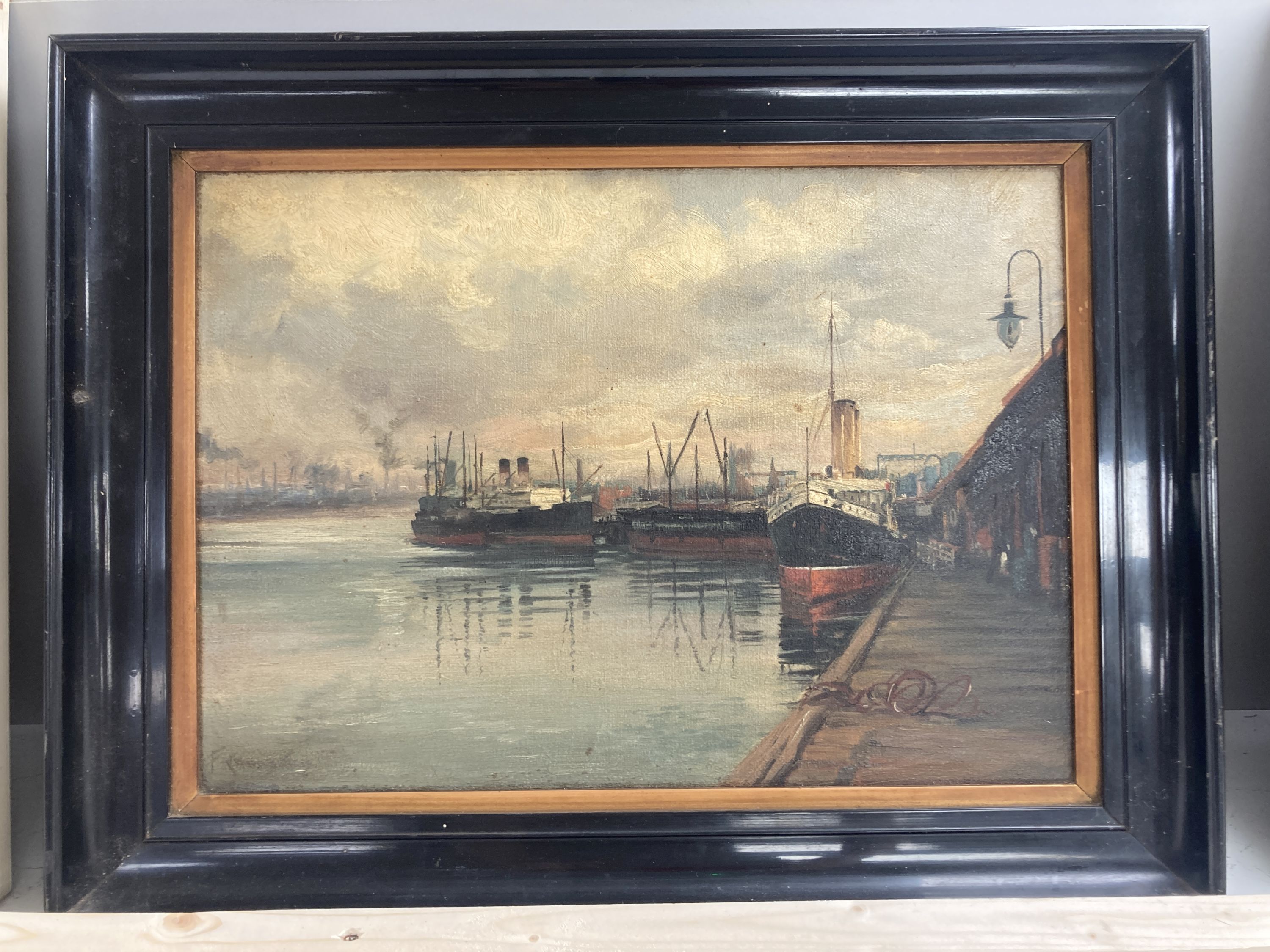 F..., oil on canvas, Shipping in harbour, indistinctly signed, 25 x 35cm